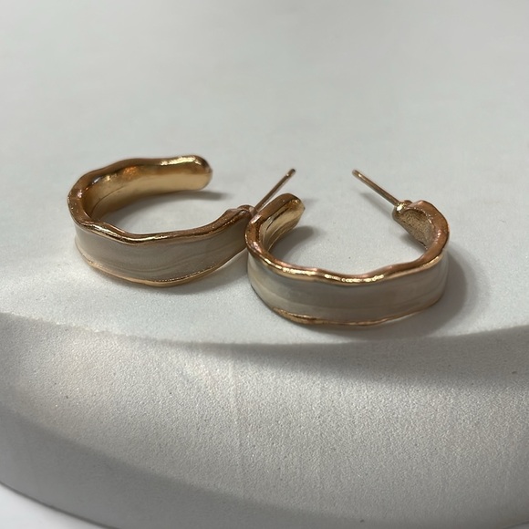 White Enamel Gold Hoops - Picture 8 of 11